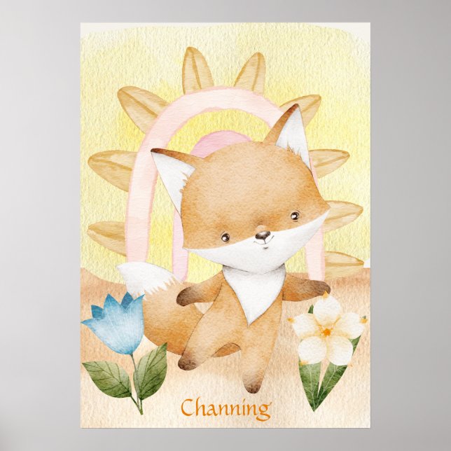 Personalised Fox Baby Animals Boho Rainbow  Poster (Front)