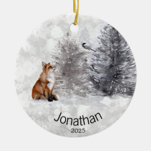 Personalised Fox Bird Winter Cabin   Ceramic Tree Decoration