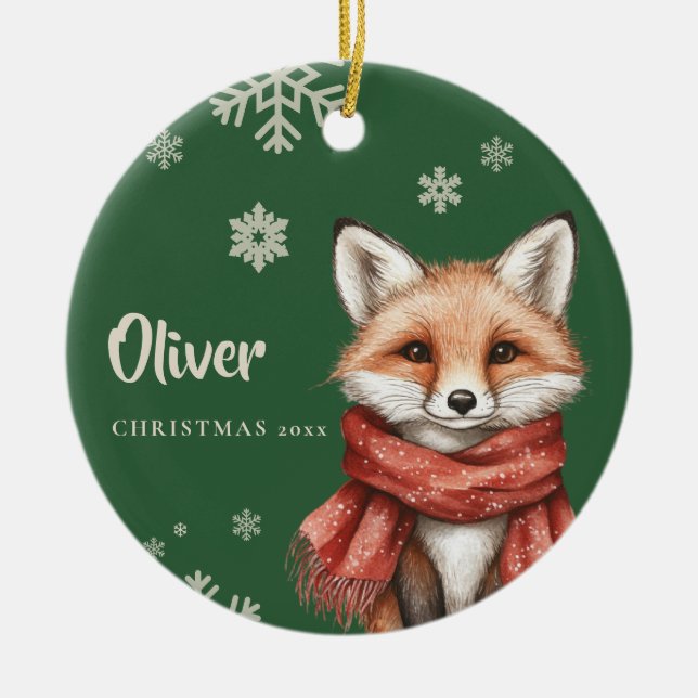 Personalised Fox Christmas Ornament with Snowflake (Front)