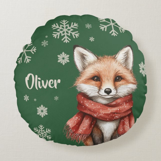 Personalised Fox Christmas Snowflake Round Cushion (Front)