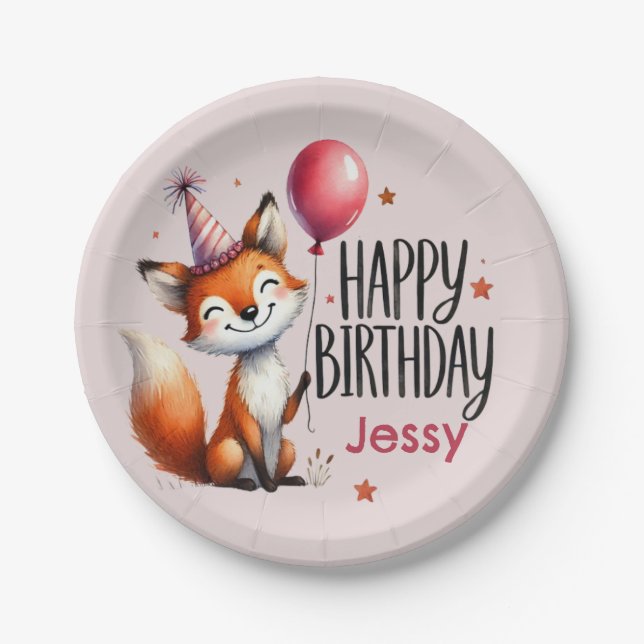 Personalised Fox Happy Birthday Paper Plates (Front)