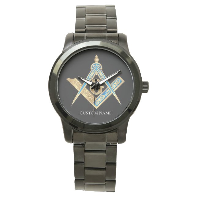 Personalised Freemason Gifts Black Masonic Compass Watch (Front)