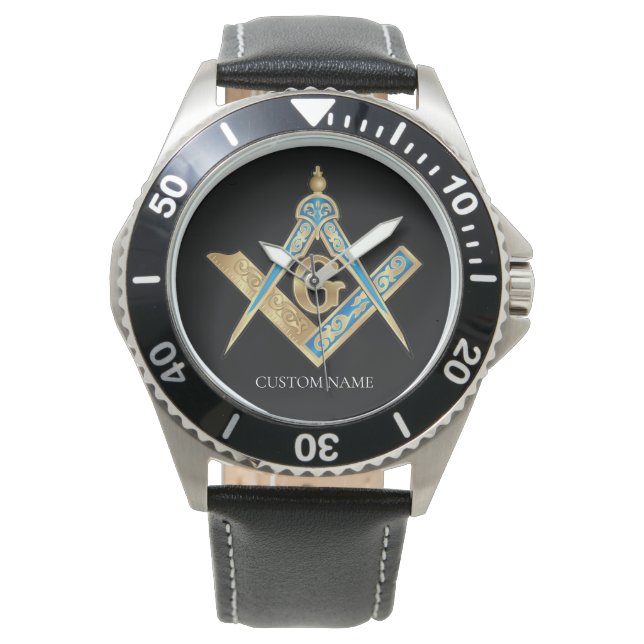 Personalised Freemason Gifts Gold Masonic Compass Watch (Front)