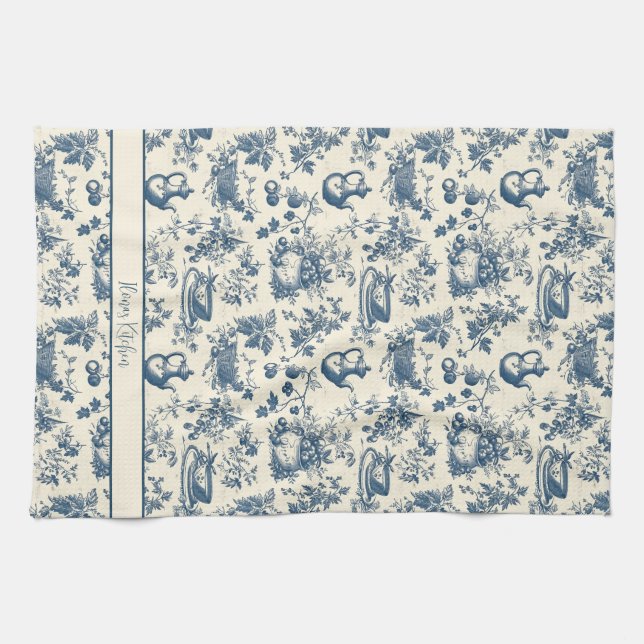 Personalised French Blue Toile Print Tea Towel (Horizontal)