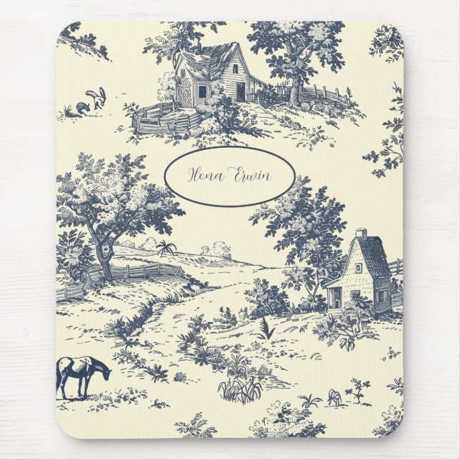 Personalised French Farmhouse Blue Toile de Jouy Mouse Mat (Front)