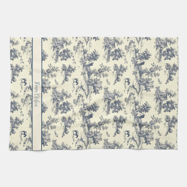 Personalised French Farmhouse Blue "Toile de Jouy" Tea Towel (Horizontal)