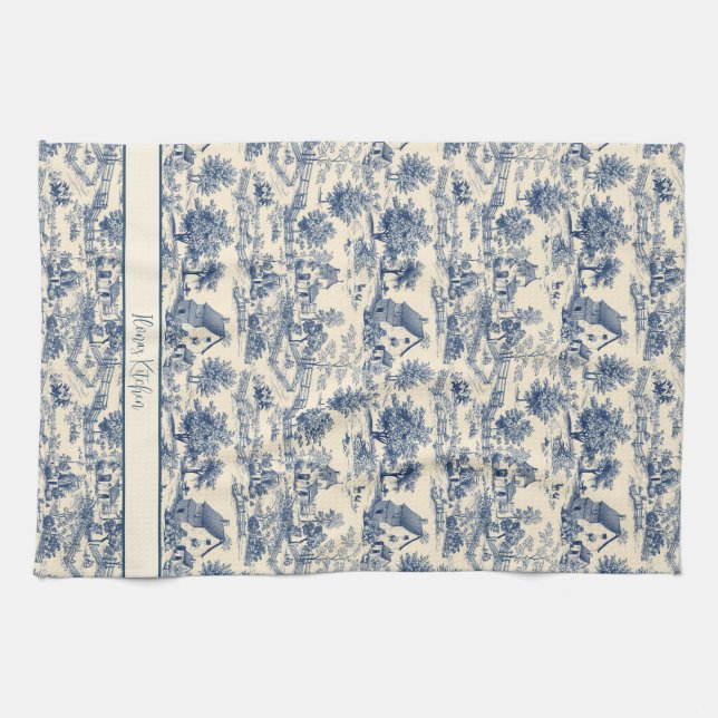 Personalised French Farmhouse Blue Toile Print Tea Towel (Horizontal)