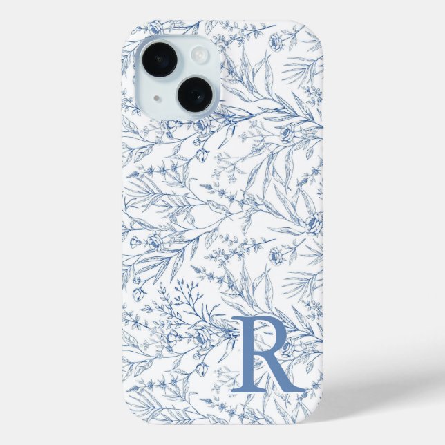Personalised French Floral Toile Blue Monogram Case-Mate iPhone Case (Back)