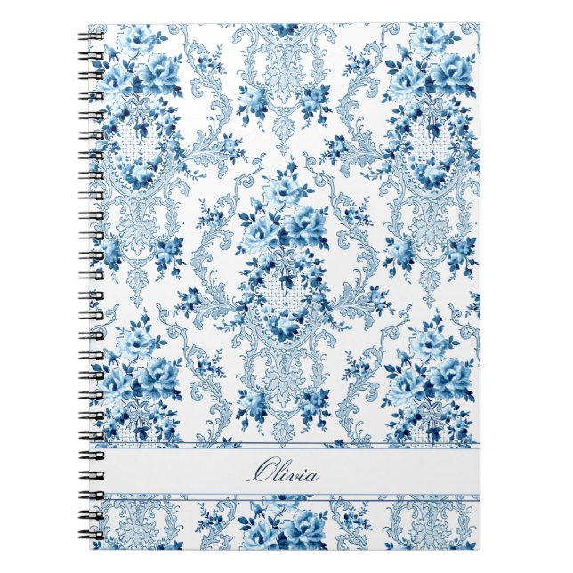 Personalised French Rococo Blue & White Floral Notebook (Front)