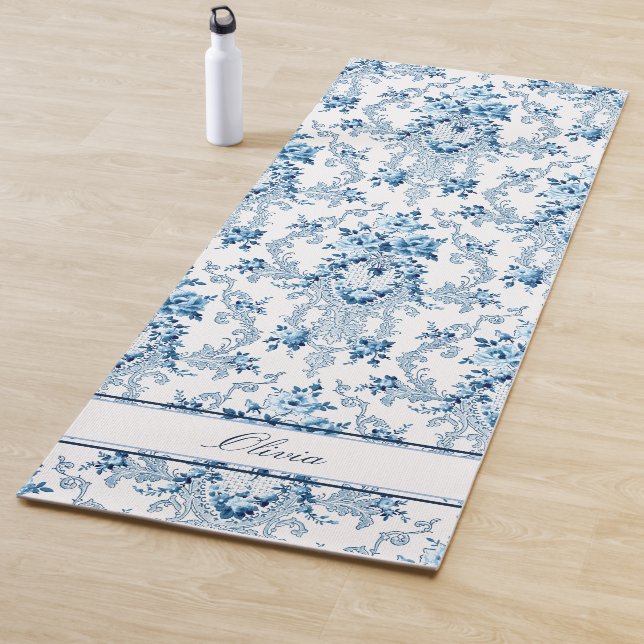 Personalised French Rococo Blue & White Floral Yoga Mat (In Situ)