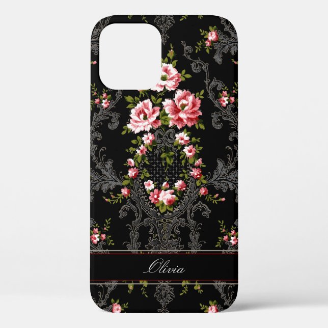 Personalised French Rococo Floral-Black Background Case-Mate iPhone Case (Back)