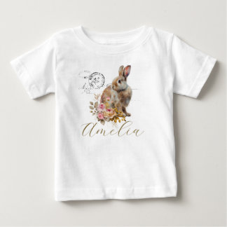 Personalised French vintage rabbit with roses Baby T-Shirt