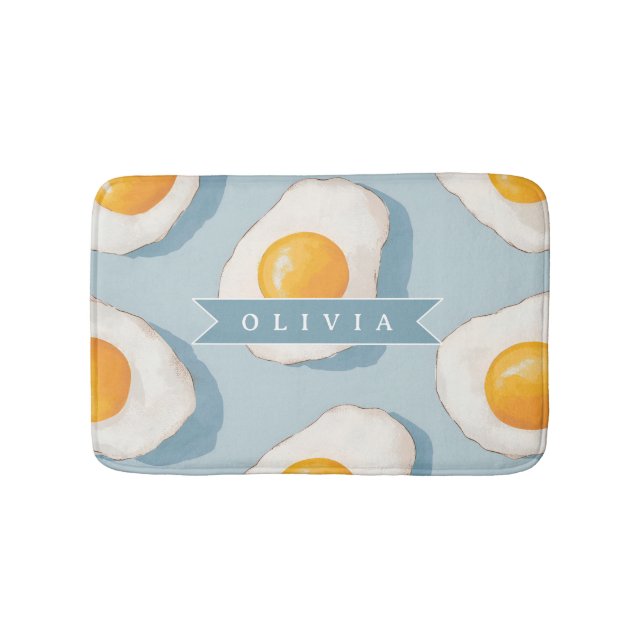 Personalised Fried Egg Pattern Fun Blue Funny  Bath Mat (Front)