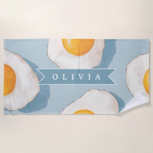 Personalised Fried Egg Pattern Fun Blue Funny Beach Towel