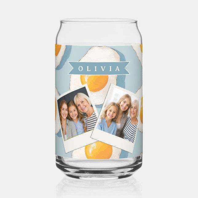 Personalised Fried Egg Pattern Fun Blue Funny Can Glass (Front)