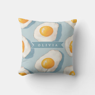 Personalised Fried Egg Pattern Fun Blue Funny Cushion