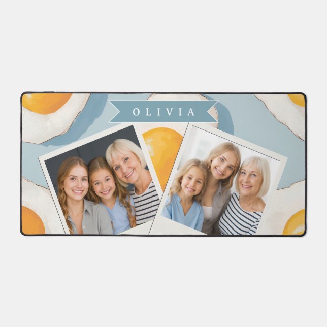 Personalised Fried Egg Pattern Fun Blue Funny Desk Mat (Front)