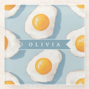 Personalised Fried Egg Pattern Fun Blue Funny Glass Coaster