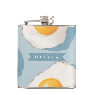Personalised Fried Egg Pattern Fun Blue Funny Hip Flask