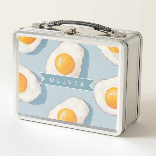 Personalised Fried Egg Pattern Fun Blue Funny  Metal Lunch Box (Front)