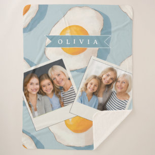 Personalised Fried Egg Pattern Fun Blue Funny Sherpa Blanket