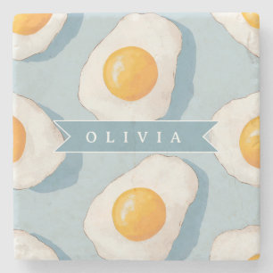 Personalised Fried Egg Pattern Fun Blue Funny Stone Coaster