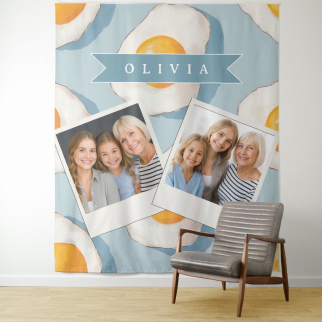 Personalised Fried Egg Pattern Fun Blue Funny Tapestry (In Situ)