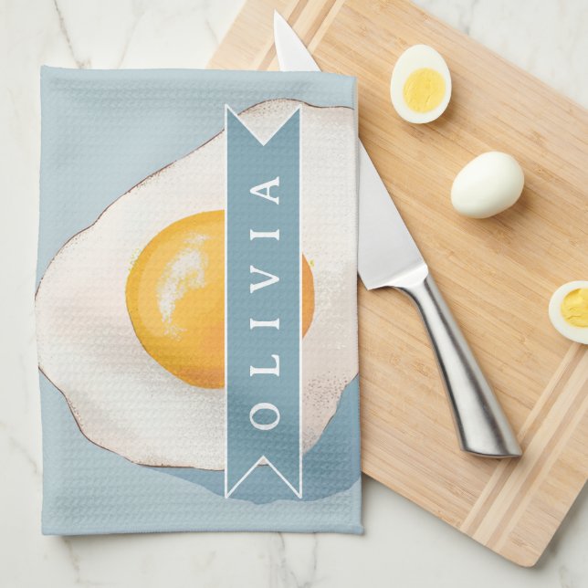 Personalised Fried Egg Pattern Fun Blue Funny Tea Towel (Quarter Fold)
