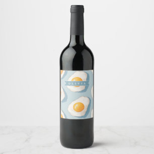 Personalised Fried Egg Pattern Fun Blue Funny Wine Label