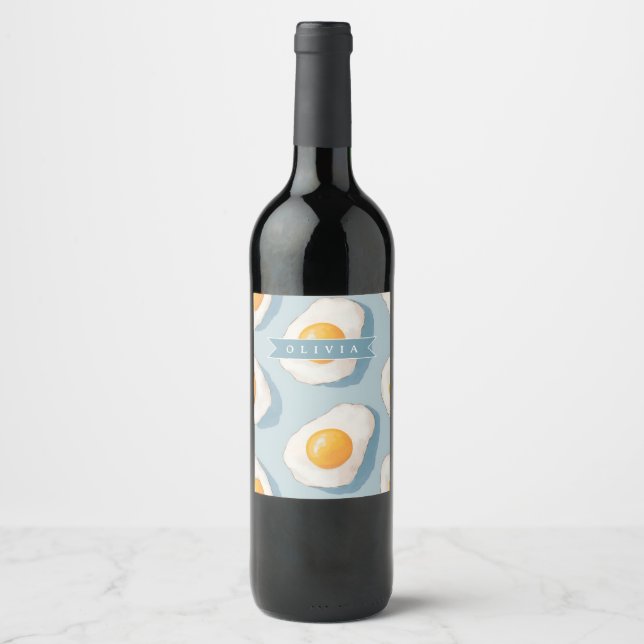 Personalised Fried Egg Pattern Fun Blue Funny Wine Label (Front)