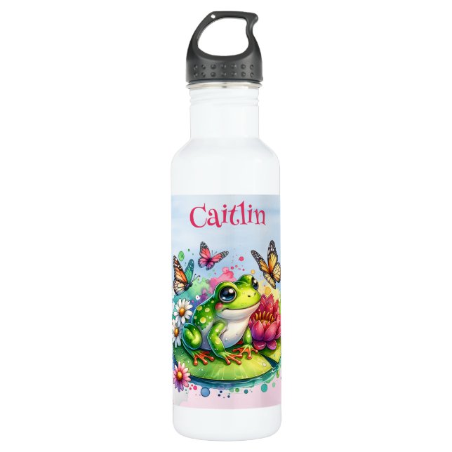 Personalised Frog, Flowers and Butterflies 710 Ml Water Bottle (Front)