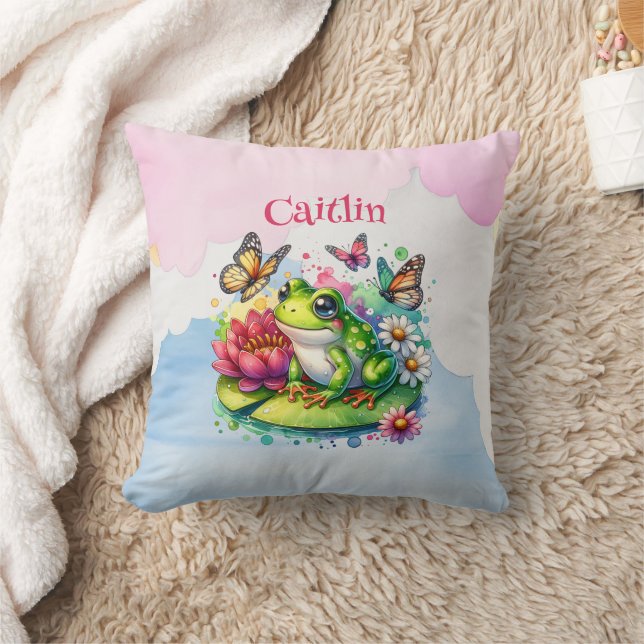 Personalised Frog, Flowers and Butterflies Baby Cushion (Blanket)