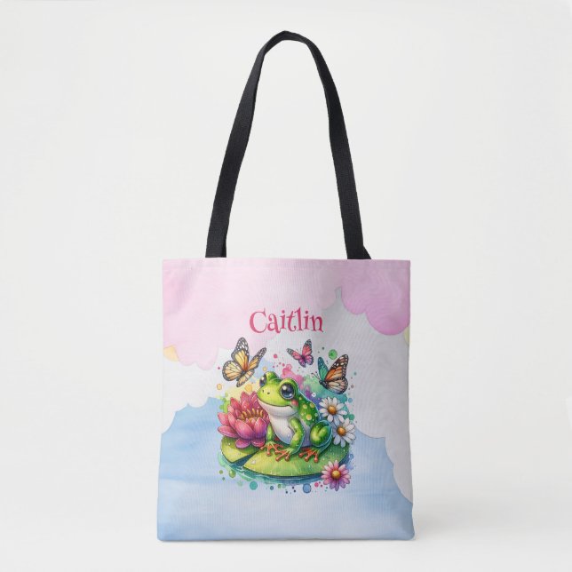 Personalised Frog, Flowers and Butterflies Baby Tote Bag (Front)