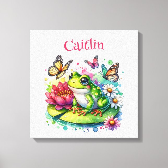 Personalised Frog, Flowers and Butterflies Canvas Print (Front)