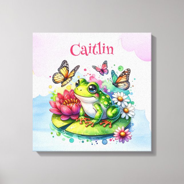 Personalised Frog, Flowers and Butterflies Canvas Print (Front)