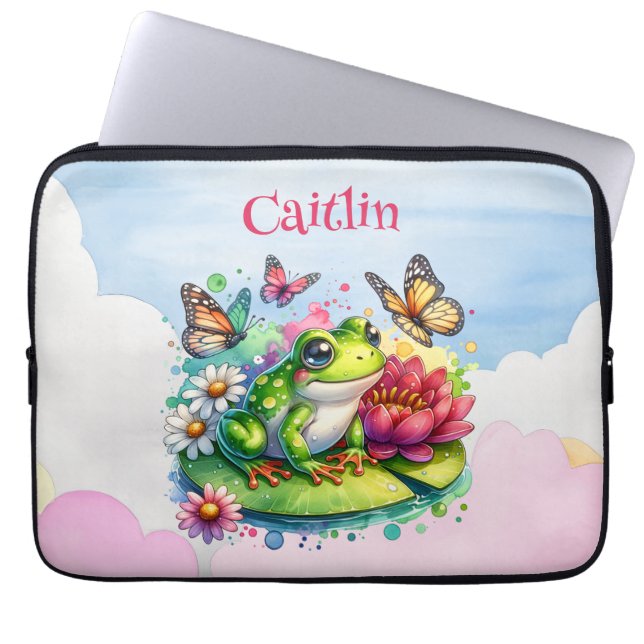Personalised Frog, Flowers and Butterflies Laptop Sleeve (Front)