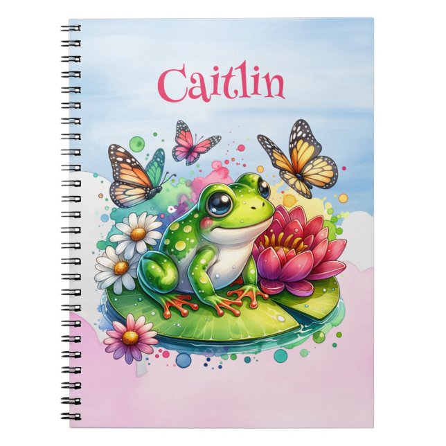 Personalised Frog, Flowers and Butterflies Notebook (Front)