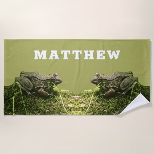 Personalised Frog on a Mossy Rock Photo Beach Towel (Front)