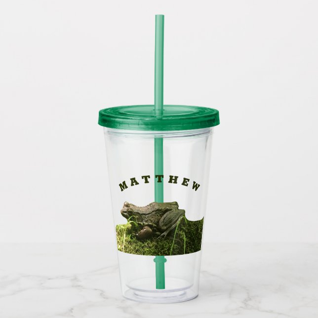 Personalised Frog on a Mossy Rock Photo Green Acrylic Tumbler (Front)