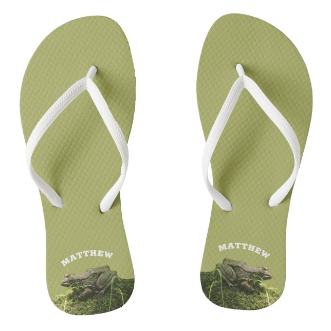Personalised Frog on a Mossy Rock Photo Green Flip Flops (Footbed)