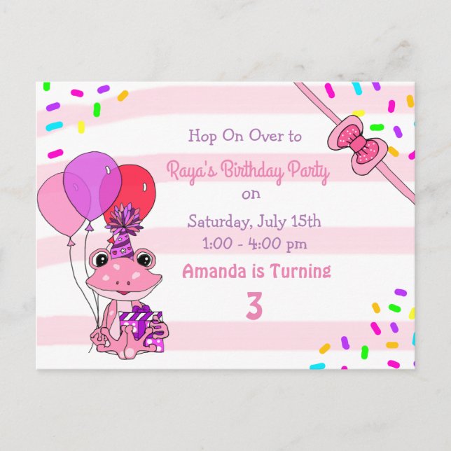 Personalised Frog Themed Girl's Birthday Party Postcard (Front)