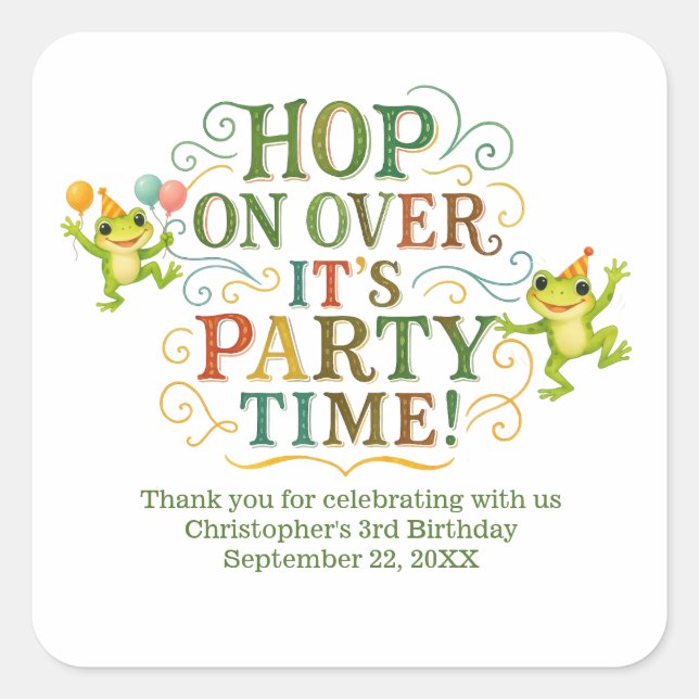 Personalised Frog Toddler Kids Boy Girl Birthday Square Sticker (Front)