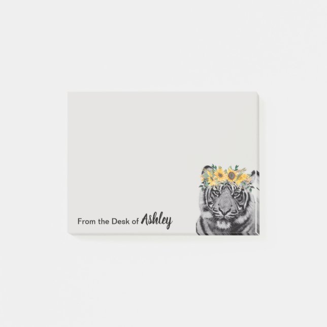 Personalised From Desk of Tiger Sunflower Crown Post-it Notes (Front)