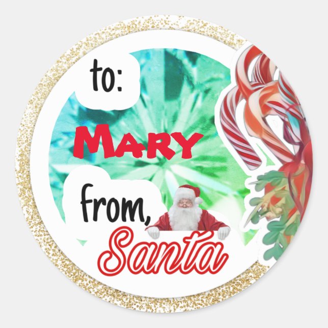 Personalised from Santa gold glitter Christmas Classic Round Sticker (Front)