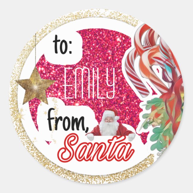 Personalised from Santa hot pink glitter Christmas Classic Round Sticker (Front)