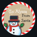 Personalised from Santa Snowman Christmas Large Classic Round Sticker<br><div class="desc">Sometimes we have to be the physical helper for Santa! Personalised stickers from Santa will surely make this easier! Don't just say it...  Prove it with a visual mark on your children's presents from Santa himself! Surely a Best Mum ever move! Merry Christmas!</div>