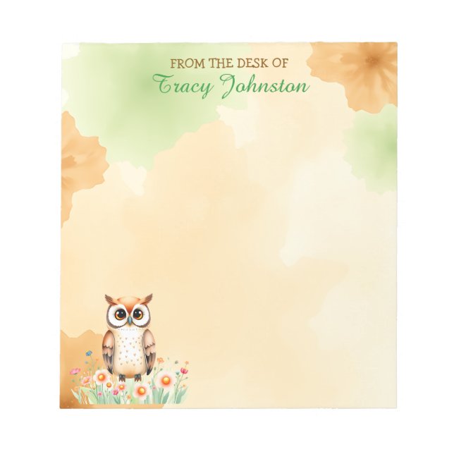 Personalised From the Desk of | Owl and Flowers Notepad (Front)