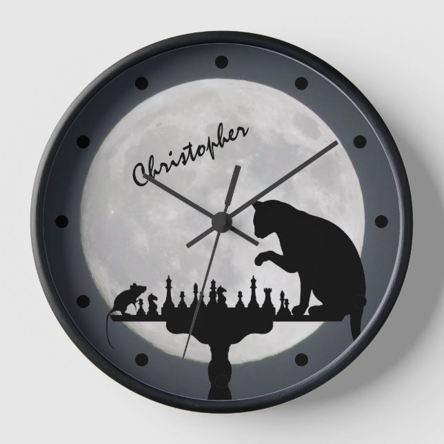 Personalised Full Moon Cat and Mouse Chess Game Clock (Front)