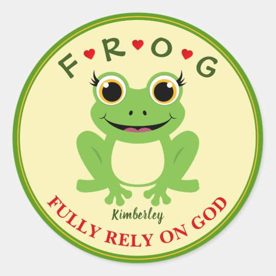 Personalised Fully Rely on God Girl Frog Classic Round Sticker | Zazzle ...