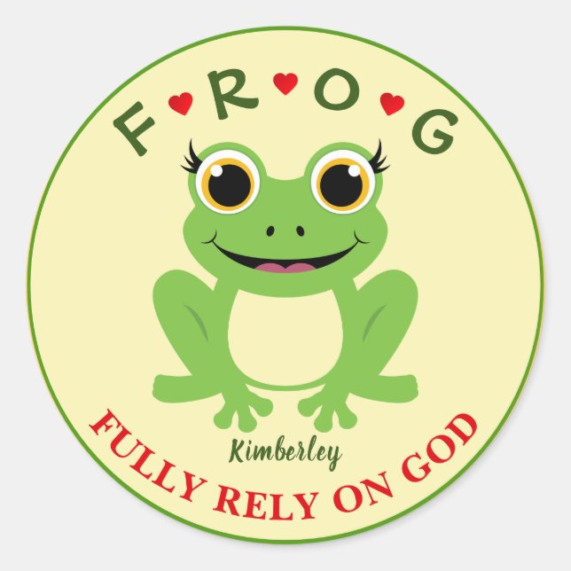 Personalised Fully Rely on God Girl Frog Classic Round Sticker (Front)